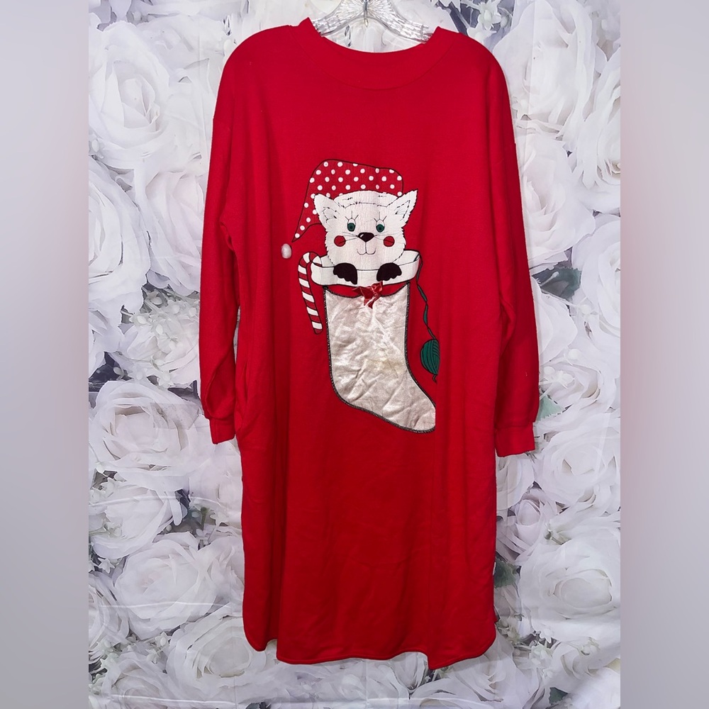 Vintage Christmas  Nightgown Sweater Kimberly Laine Cat Red Bell Long Large USA